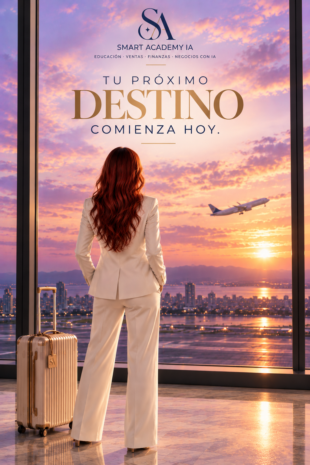 Karina Gaitán, fundadora de Smart Academy IA, contemplando el horizonte desde un aeropuerto